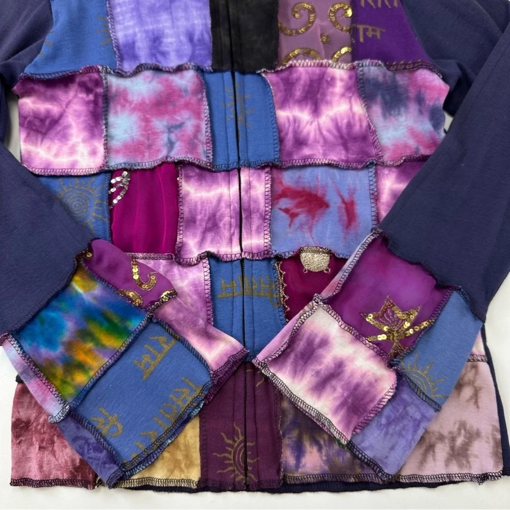 Patchwork boho hoodie Small lilac purple jersey sequin zip front casual - Picture 7 of 8